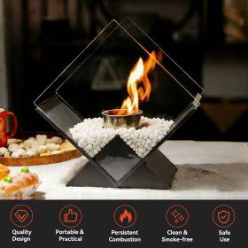 Square Glass Large Tabletop Fireplace 10"  Portable Fire Bowl Pot Clean Burning Fireplace for Indoor Outdoor Patio Parties Events(Black)