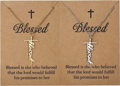 2PCS Faith Cross Necklace Blessed Hope Strength Pendant Necklace Silver Gold Stainless Cross Necklace Christian Religious Inspirational Gift for (Default: Default)